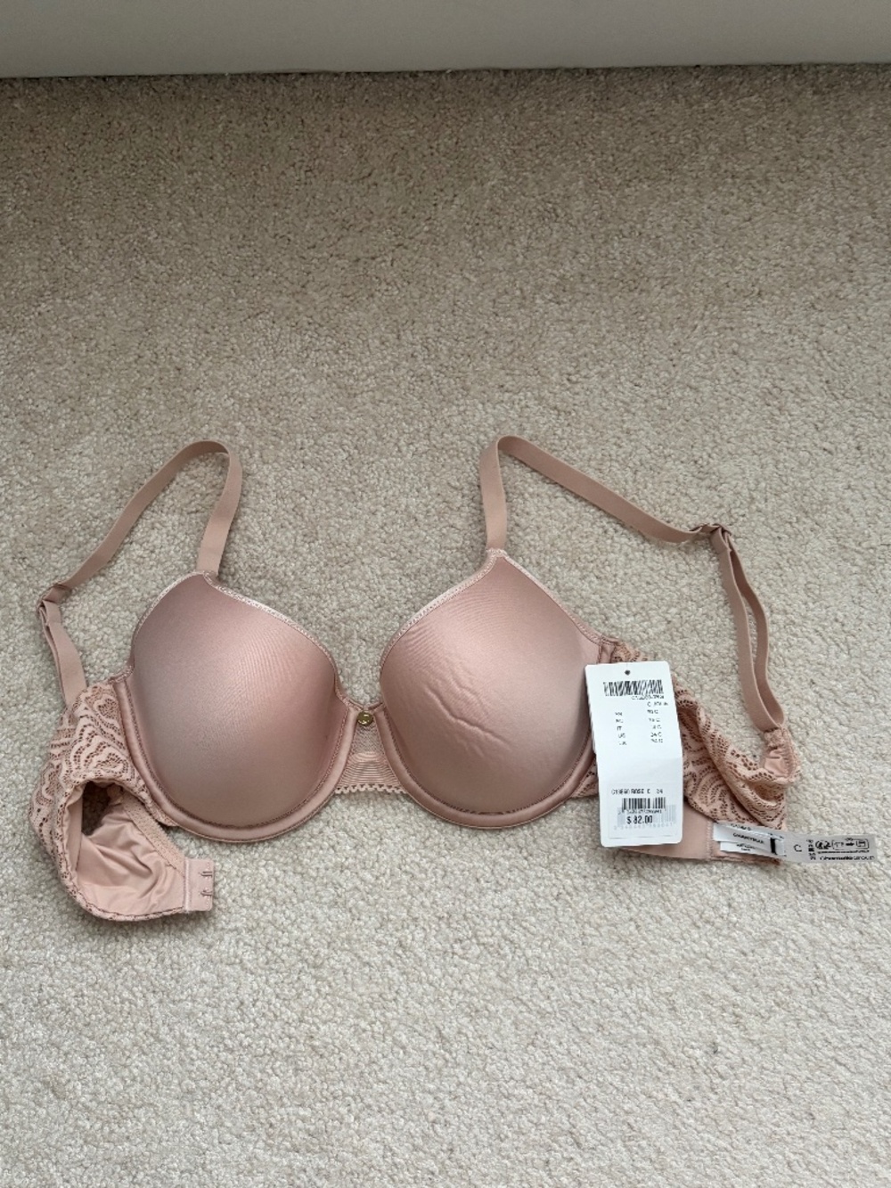 NWT Chantelle C Jolie T-Shirt Bra 34C Rose Nude Underwire Smooth Lace $82